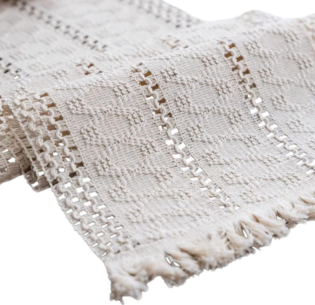 Makramee-Tischläufer im Boho-Stil aus Baumwollleinen mit Quasten, rechteckige Tischdecke aus Häkelspitze