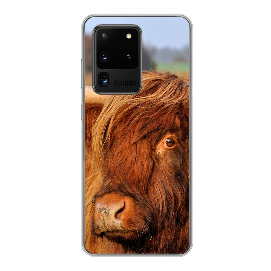 MuchoWow Handyhülle Schutzhülle Hülle für Samsung Galaxy S20 Ultra Schottischer Highlander - Gras - Baum Silikon Softcase Handy Hülle - Kart...