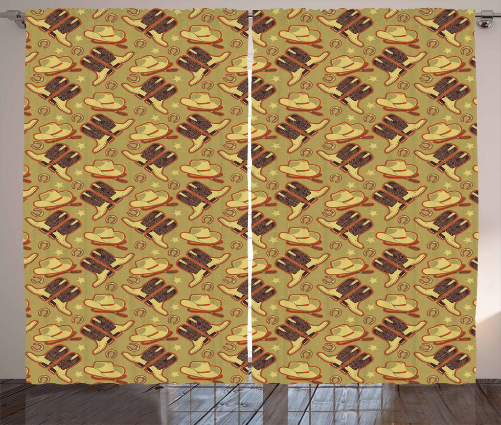 ABAKUHAUS Western Rustikaler Vorhang, Vintage Hüte und Stiefel, Wohnzimmer Universalband Gardinen mit Schlaufen und Haken, 280 x 175 cm, Khaki Dar...