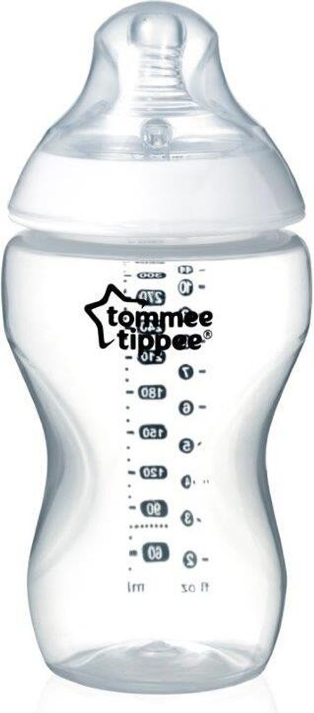 A clear, studio shot of a Tommee Tippee baby bottle.