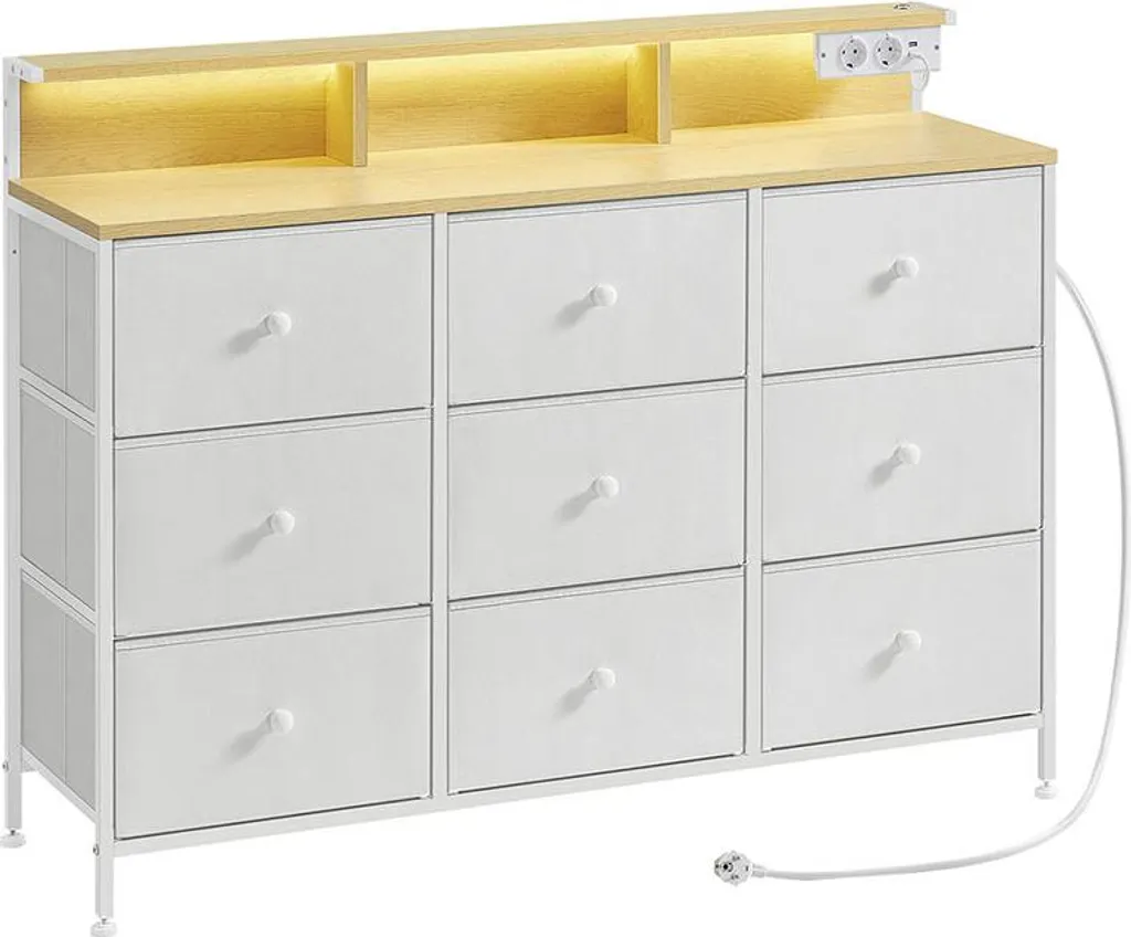 Commode 9 tiroirs moderne blanc nuage avec éclairage LED intégré - 140cm