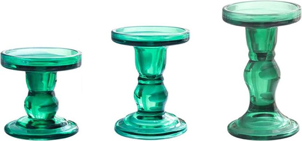 INF 3er Set Glas Kerzenhalter - Vintage Retro Deko Kerzenständer für Zuhause Grün