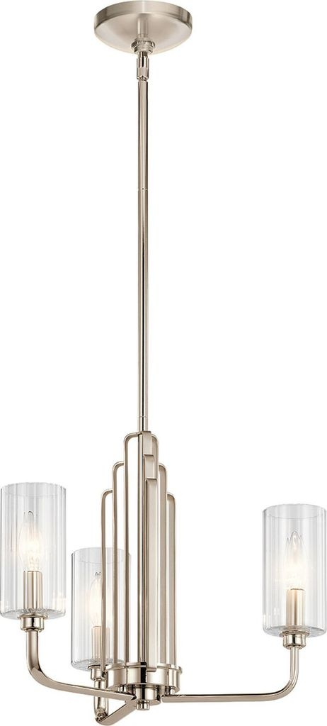 Kronleuchter Glas Metall E14 B: 45,9 cm H: max. 154,6 cm Nickel poliert 3-flammig Jugendstil