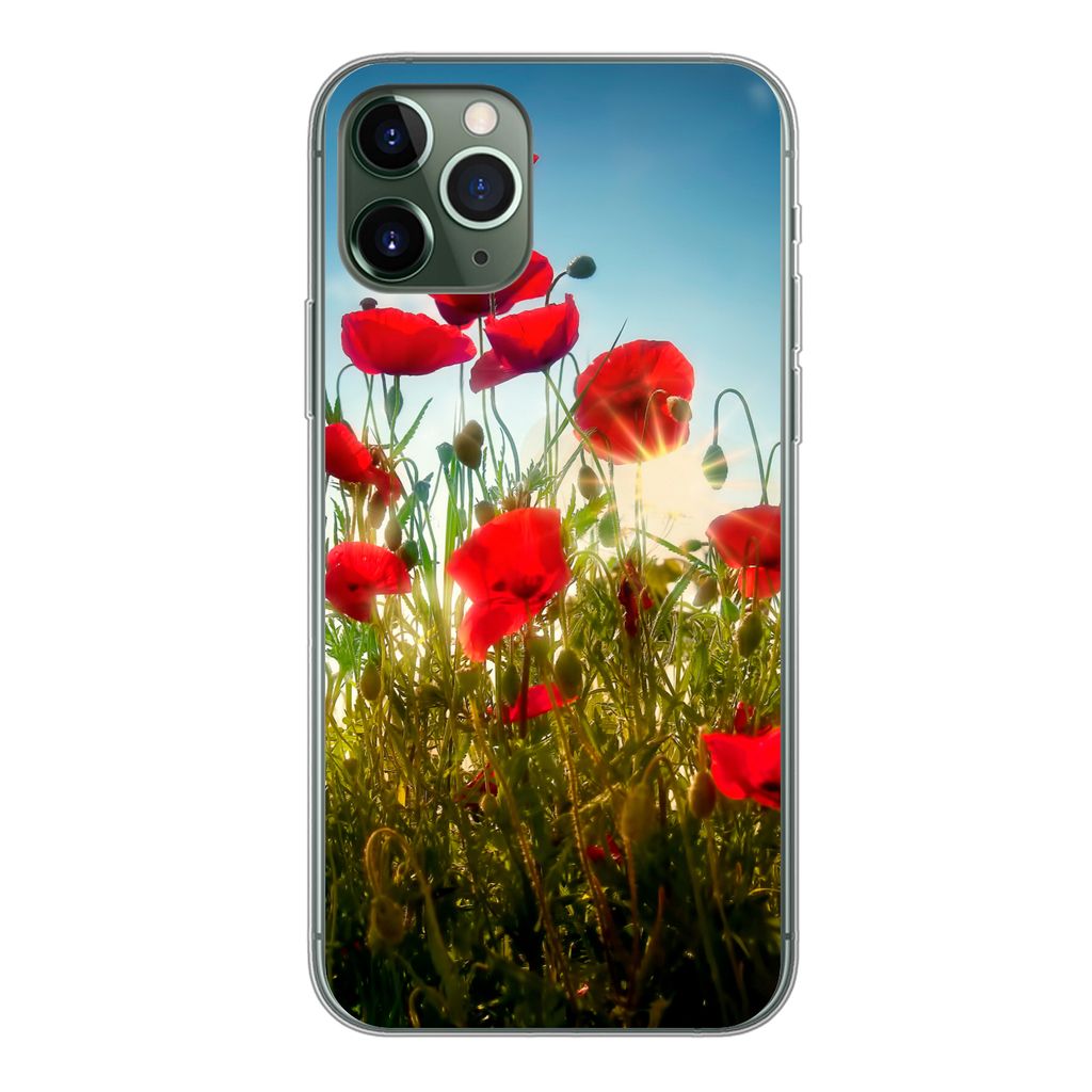 MuchoWow Handyhülle Schutzhülle Hülle für iPhone 11 Pro Mohnblumen - Toskana - Sonne - Rot - Blau Silikon Softcase Handy Hülle - Handy
