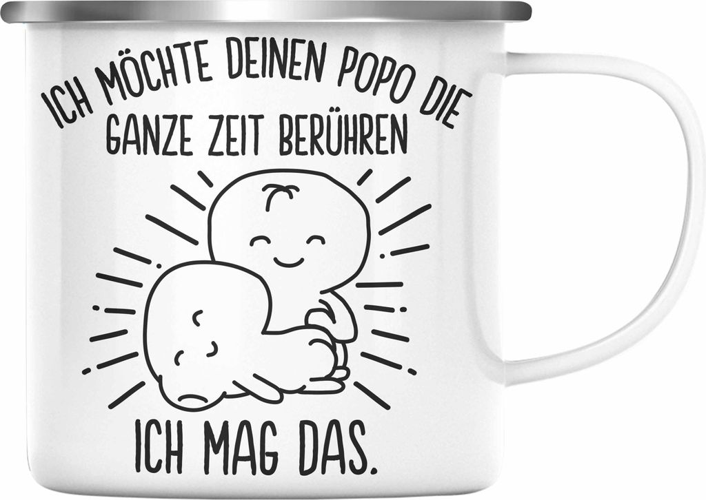 Trendation - Emaille Tasse für Freundin Lustig Geschenk Valentinstagidee Paare Emaille Emaille Tasse Spruch Liebe Mann Popo Anfassen (Silber)