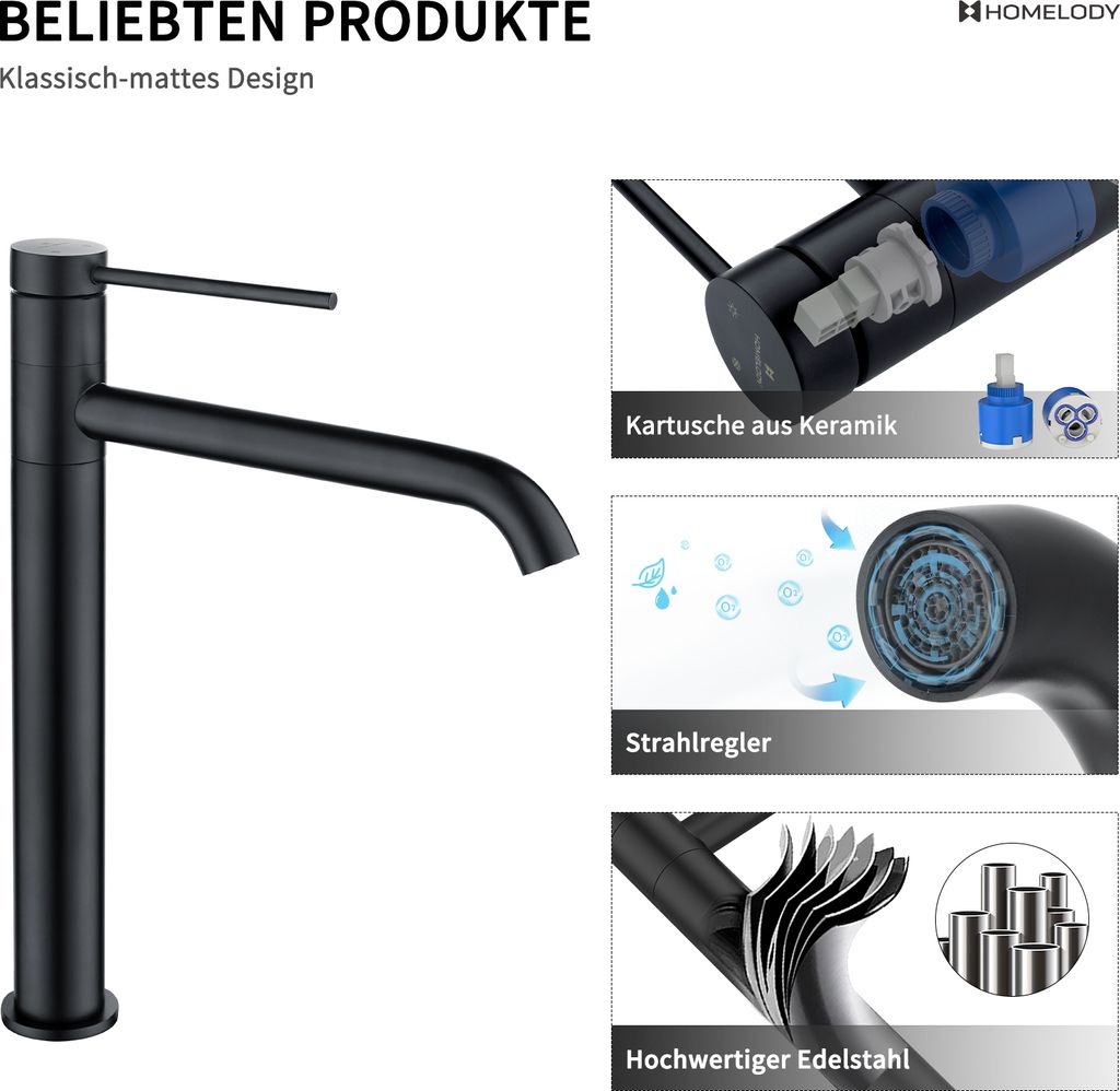 Wasserhahn Bad aus Edelstahl Badarmatur Schwarz Waschbecken Produktbild 5