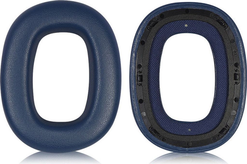 Two blue ear pads for headphones are shown against a white background. One ear pad is shown from the outside, and the other is shown from the inside, revealing the mesh and mounting mechanism.