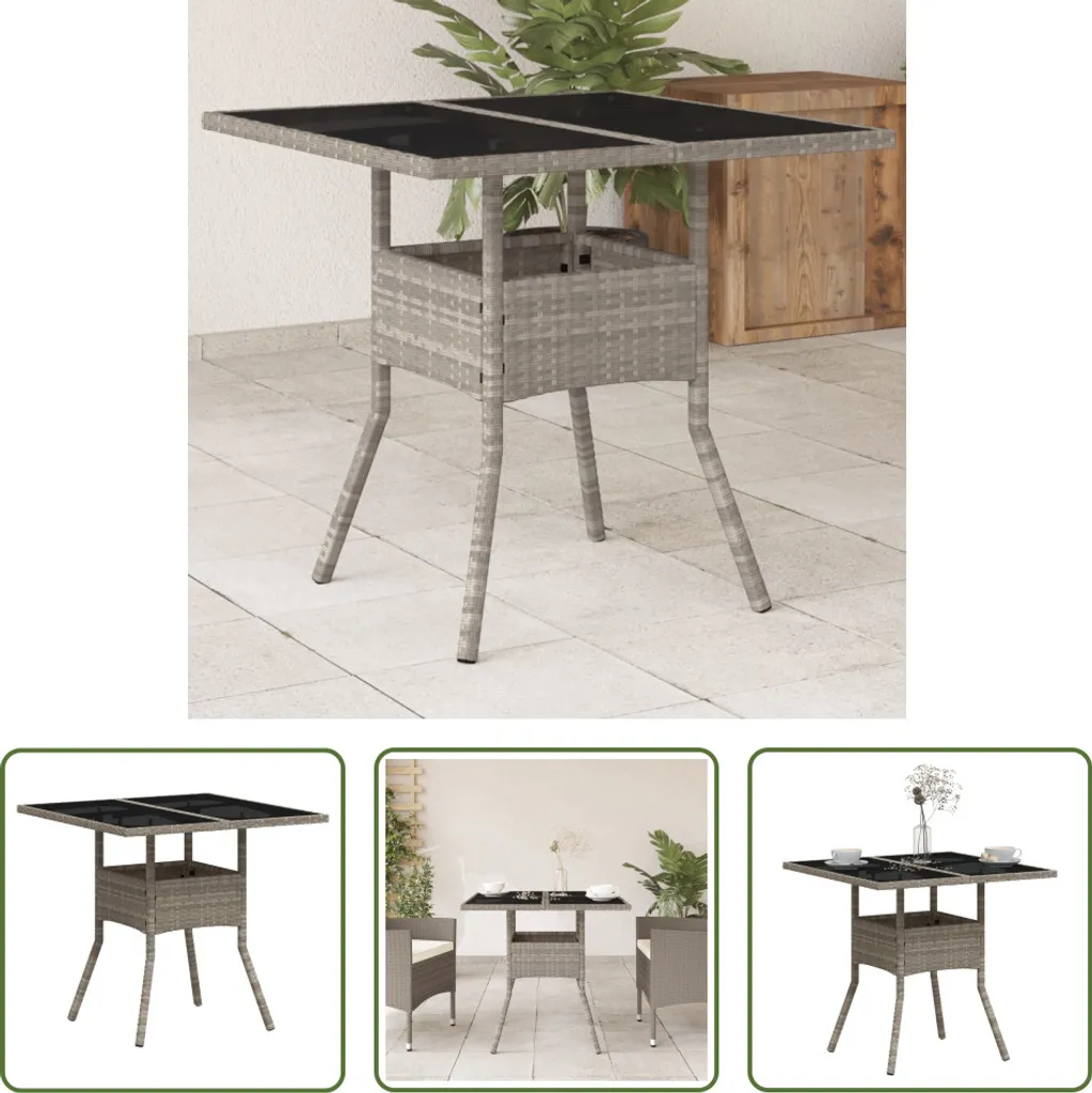 The Living Store Tavolo da giardino con piano in vetro grigio chiaro 80x80x75 cm in poly rattan