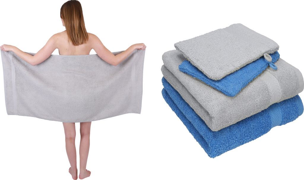 Betz 5 tlg. Handtuch Set SINGLE Pack 100% Baumwolle 1 Duschtuch 2 Handtücher 2 Waschhandschuhe farbe - silber grau - hellblau 250805