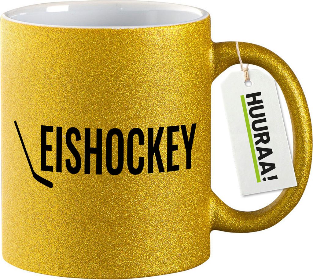 Huuraa Glitzertasse Eishockey Hockey 330ml Gold Keramik Kaffeebecher Geschenkidee
