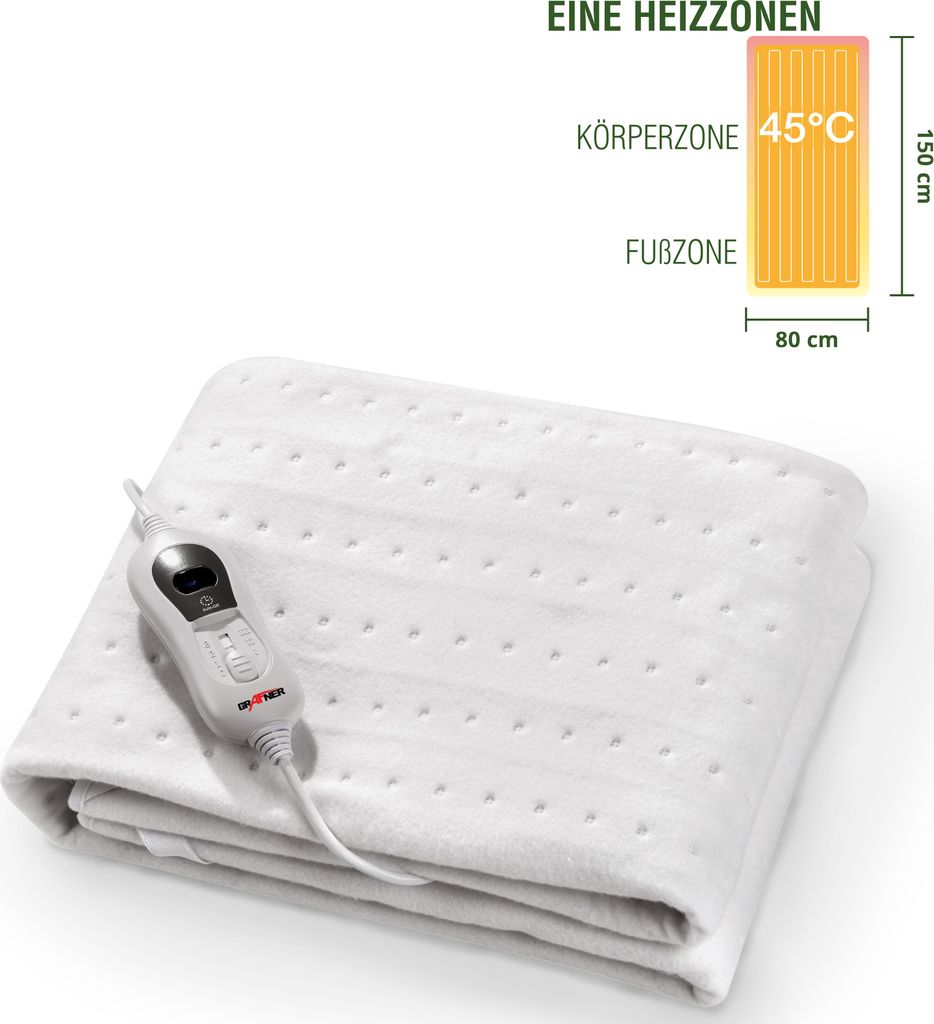 A folded white electric heating pad with a controller attached, shown on a white background. A diagram illustrating heating zones is in the top right corner.