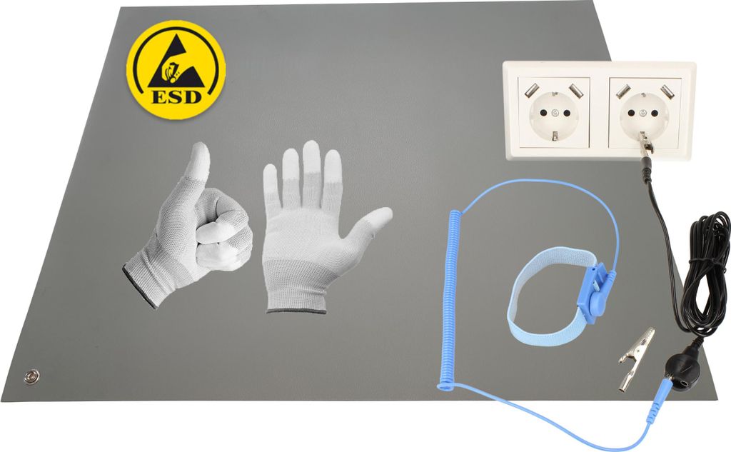 Minadax 40 x 30cm Antistatik ESD Computer Matte Tischmatte „“ inkl. Manschette + 2,4m Verlängerung + ESD Handschuhe GR-L