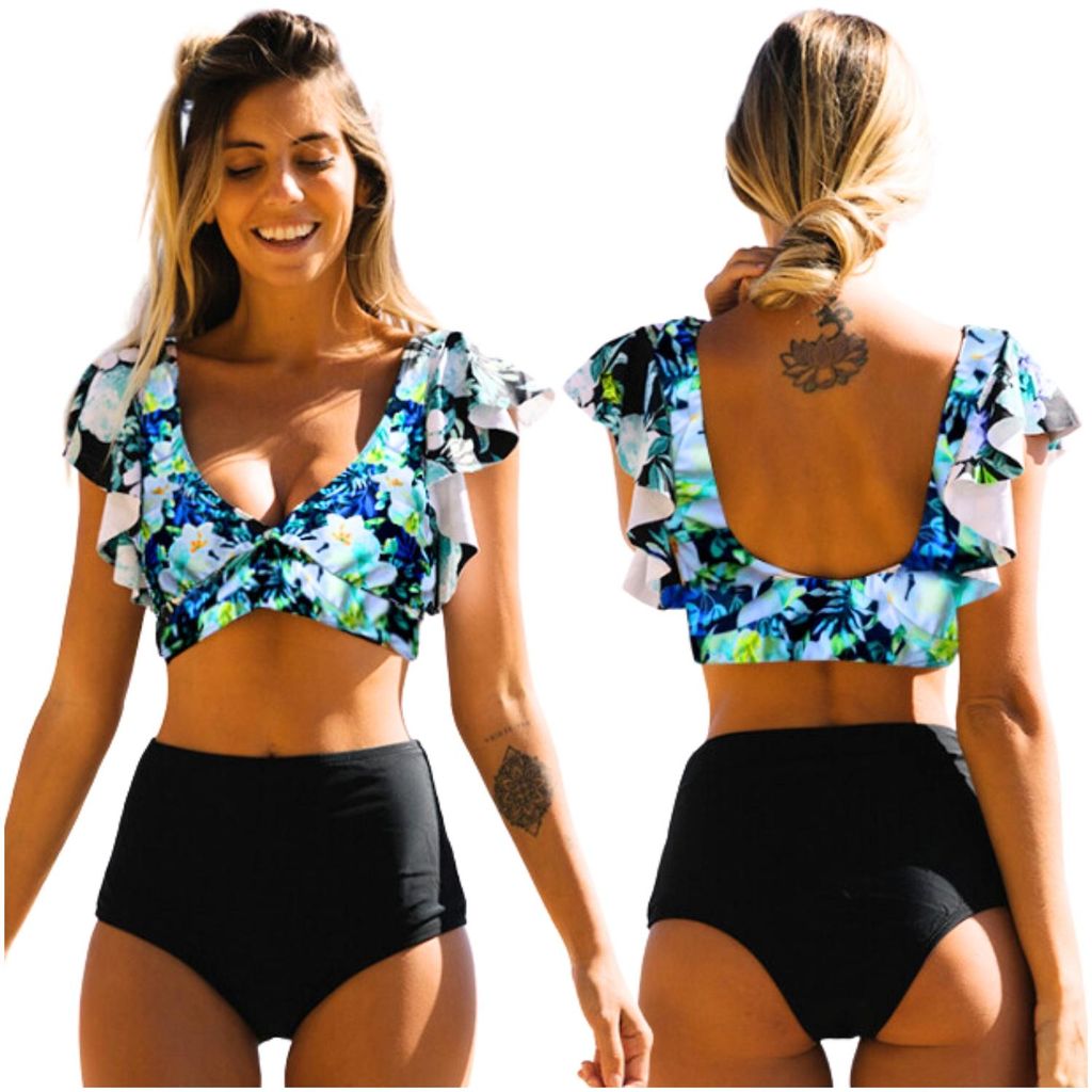 Zweiteiliger Boho-Badeanzug, formendes Damen-Set, schwarz. Produktbild 