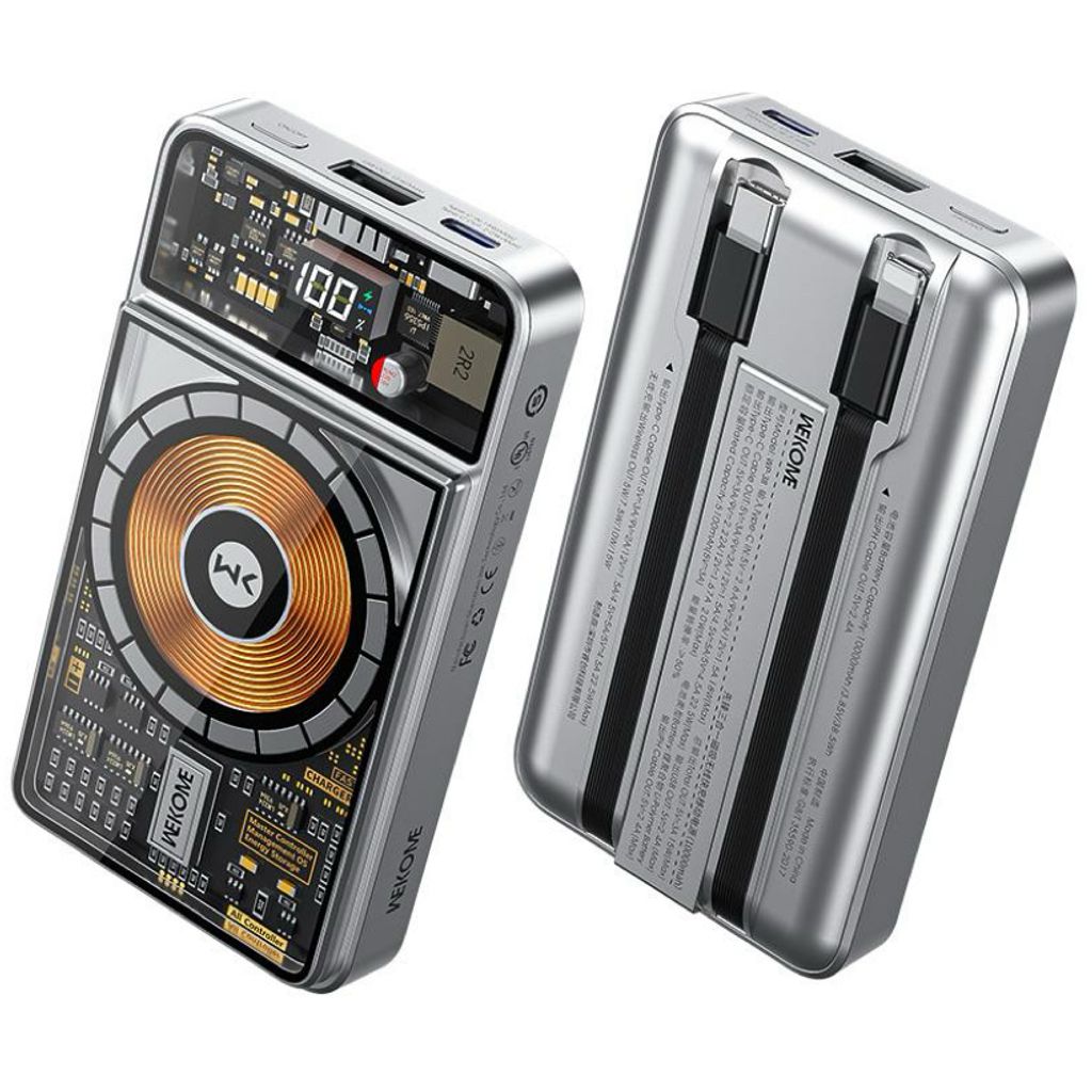 Two silver power banks are shown from different angles against a white background.