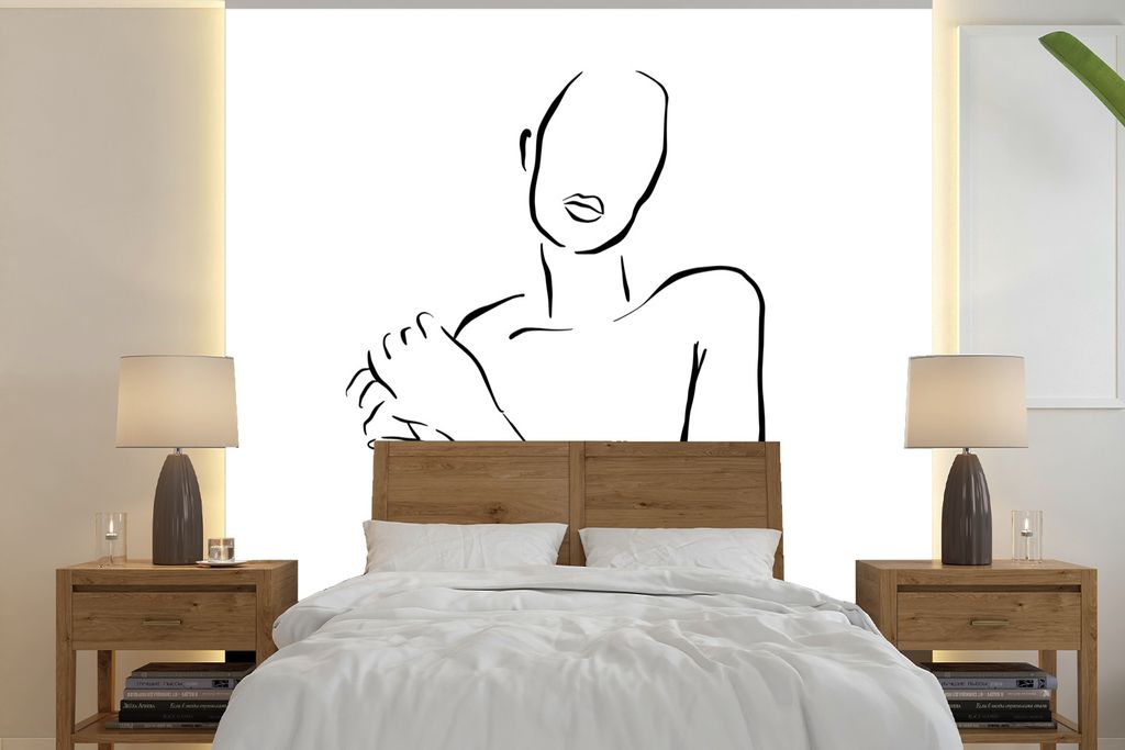MuchoWow Fototapete für Wohnzimmer oder Schlafzimmer Wandtapete Vinyl Motivtapete Abstrakte Linie Kunst einer Frau vor einem weißen Hintergrund...