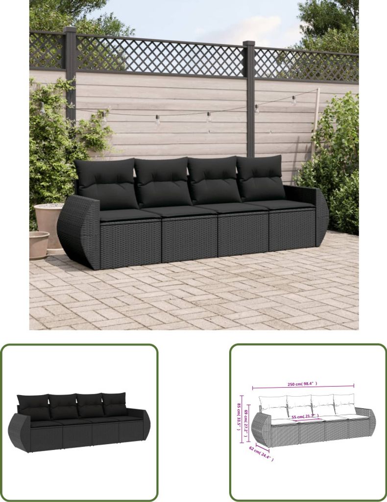 The Living Store 4-tlg. Garten-Sofagarnitur mit Kissen Schwarz Poly Rattan