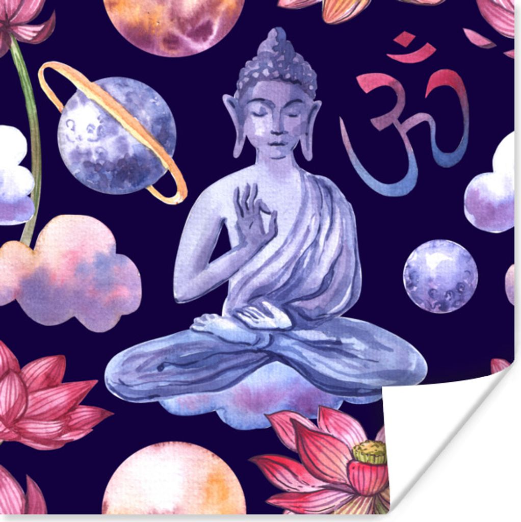 MuchoWow Poster Buddha - Blau - Blumen 30x30 cm - Wandposter - Printing
