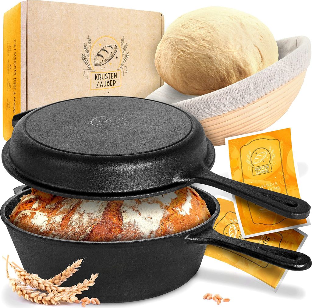 KRUSTENZAUBER 26cm Gusseisen Topf Brot Backen inkl. Gärkorb - Robuster Brottopf zum backen - Ideale Brotbackform mit Deckel, Gusseisenpfanne, Zube...
