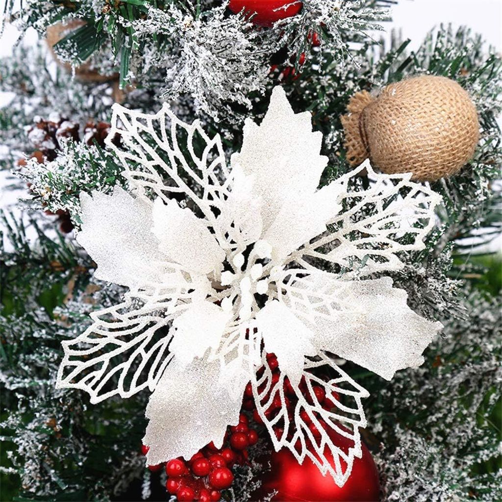 12 Stück Glitter Weihnachtsbaum Dekoration, Weihnachtsbaumschmuck Ornament aus Kunststoff, Weihnachten Blumen Dekor, Christbaumanhänger (Weiß,9 cm)