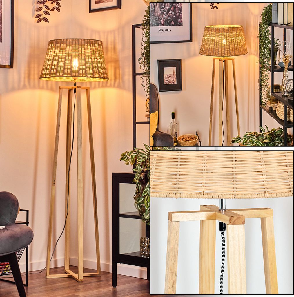 Dello Stehlampe mit Holzfuß und Schirm aus Rattan