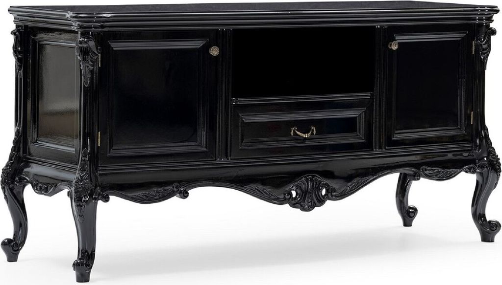 Casa Padrino Luxus Barock TV Schrank Schwarz - Prunkvolles Massivholz Sideboard mit 2 Türen und Schublade - Wohnzimmer Möbel im Barockstil - Baro...