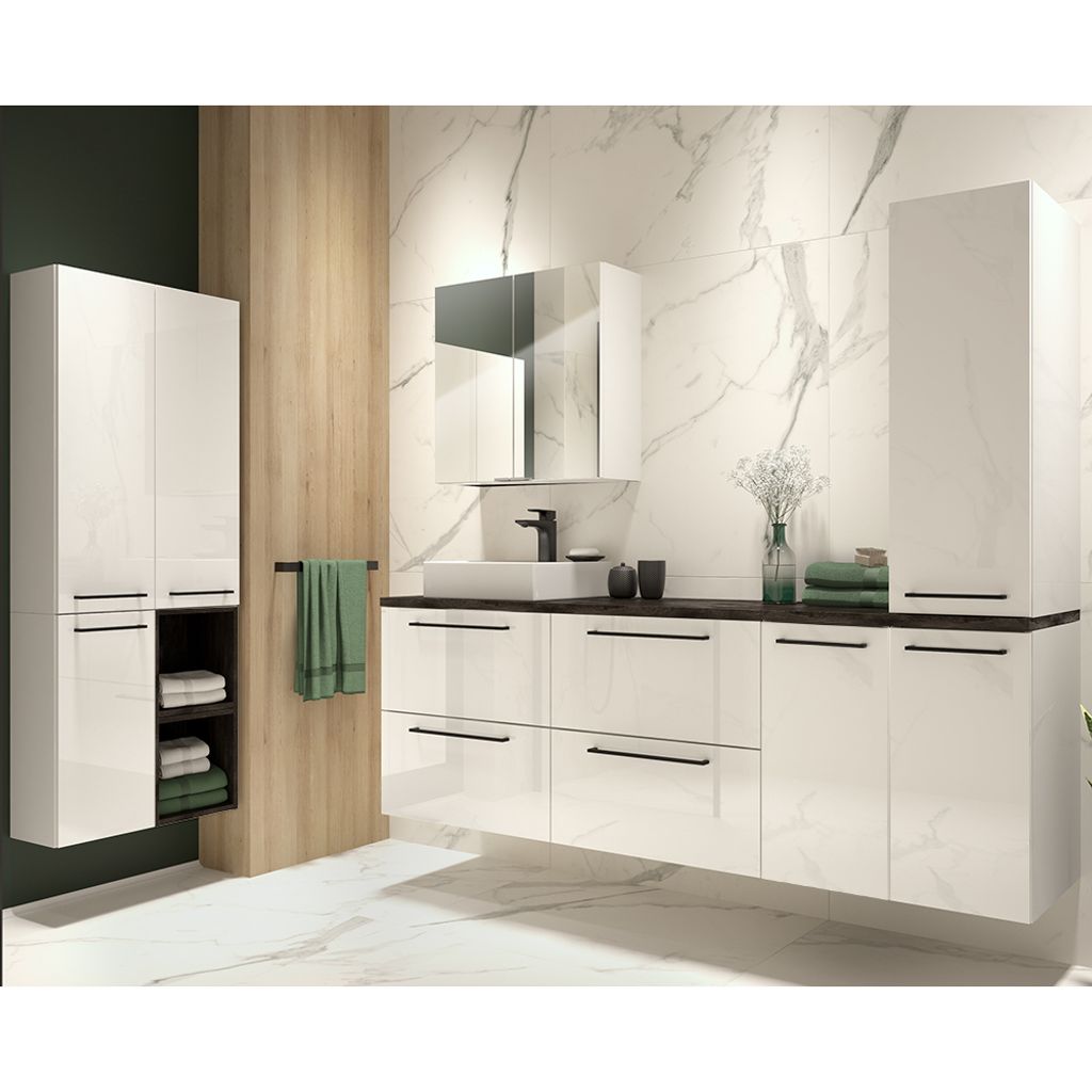 Badezimmer Set in weiß Hochglanz lackiert mit Metallgriffen in schwarz und Beton Dunkel MESSINA-107