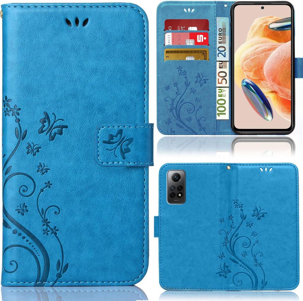 Handy Tasche für Xiaomi Redmi Note 12 Pro Schutz Hülle Handyhülle mit Blumenmuster Klapp Hülle mit Standfunktion und Kartenfächer Blau