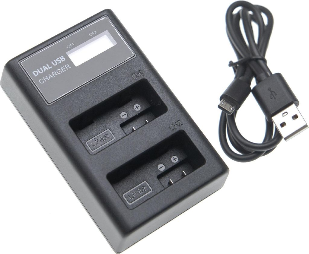 vhbw Dual Micro-USB + USB-C Ladegerät kompatibel mit Canon EOS Kiss X6i, Kiss X5, Kiss X4 Kamera - Ladeschale + Micro-USB Kabel Ladeanzeige + Display