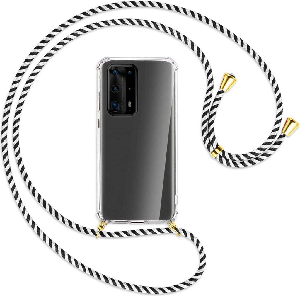 Handykette Backcover-Schutzhülle mit Band (Metall goldfarben) für Huawei P40 Pro Plus - schwarz/weiß gestreift