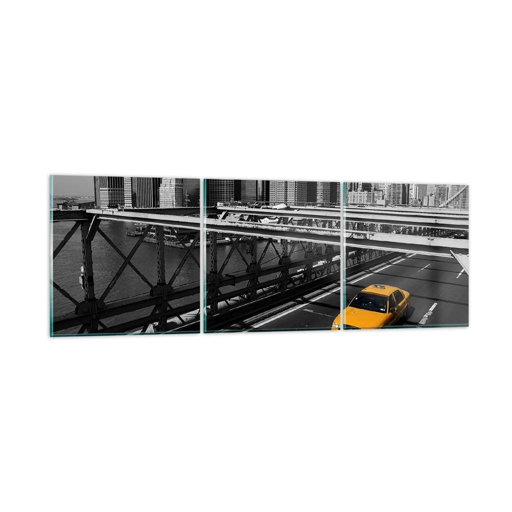 Bilder auf glas - New York Manhattan Brooklyn Brücke Taxi - 90x30cm - Glasbilder - Wandbilder - Kunstdruck - Wanddekoration aus Glas - Glas Bilder...