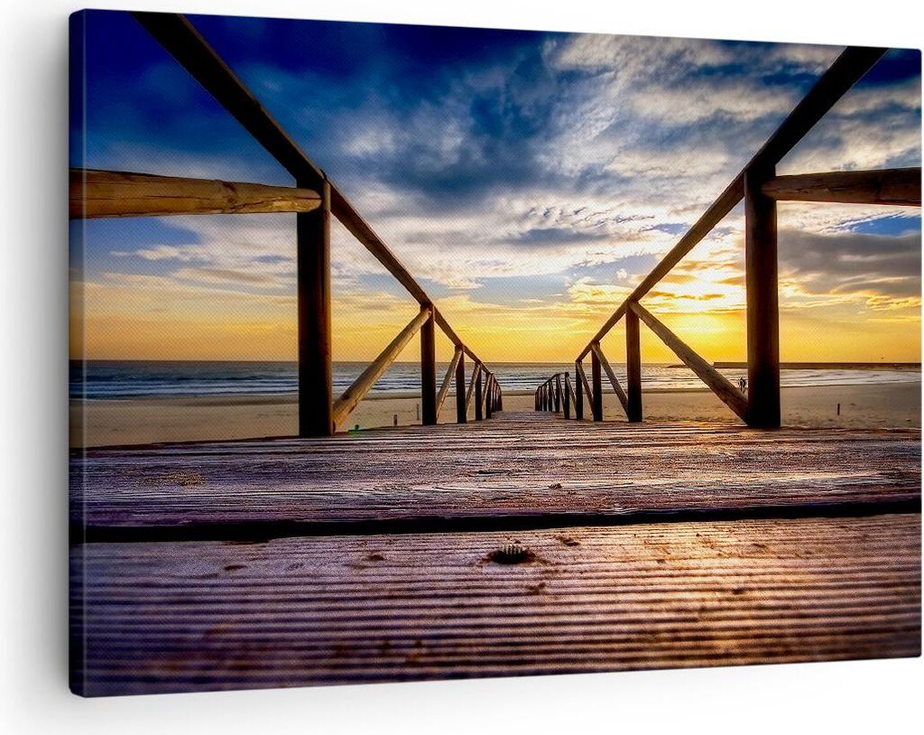 Bild auf Leinwand - Leinwandbild - Strand Ozean Sand Holzbrücke Sonnenuntergang - 70x50cm - Wand Bild - Wanddeko - Leinwanddruck - Bilder - Kunstd...