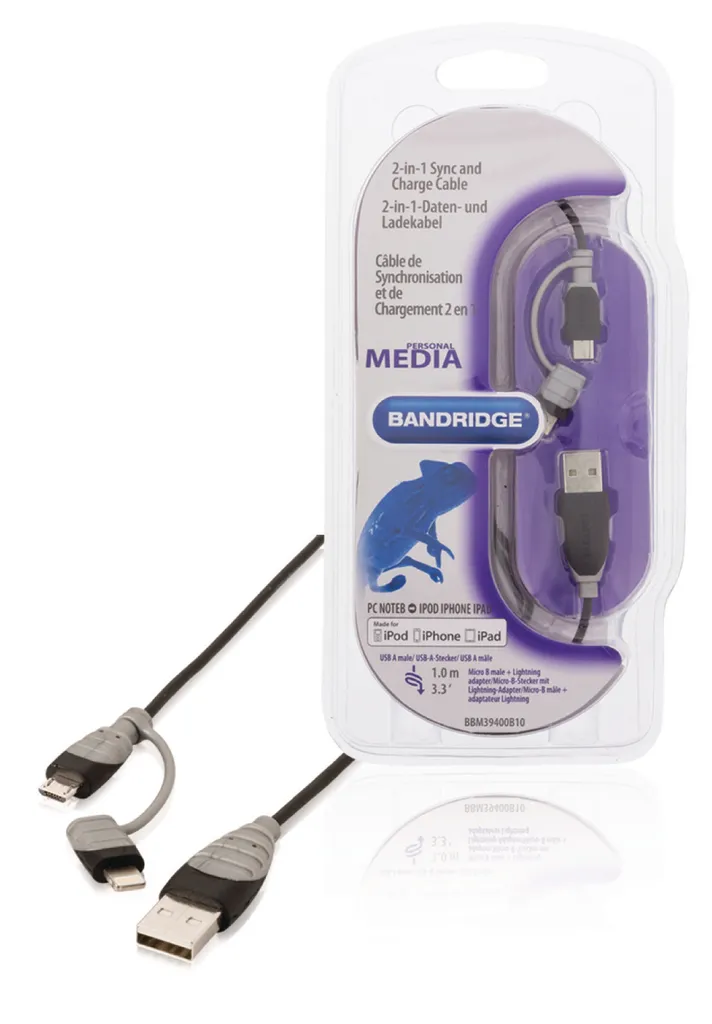 Câble USB 2-en-1 avec adaptateur Lightning et Micro-B 1,00 m Noir