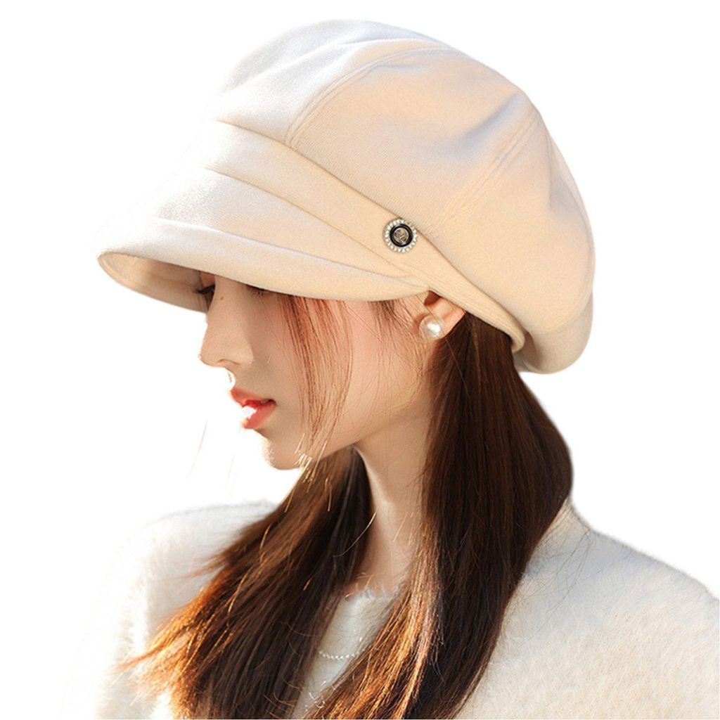 Damen Schirmmütze Retro Baskenmütze Schirmbarett für Herbst Winter, Weiß