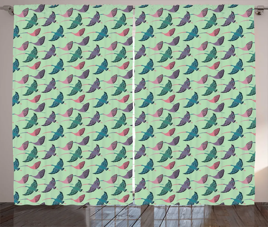 Rideau de Salon Universel Motif Oiseaux Ibis Vert Amande 280 x 225 cm