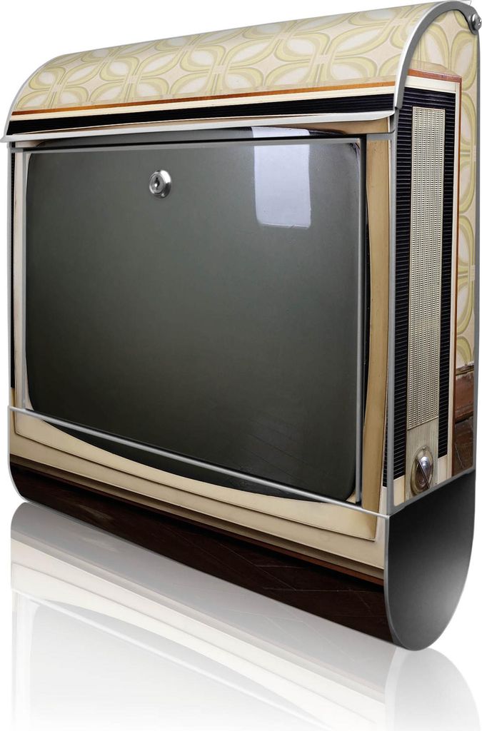 banjado Design Briefkasten Stahl silber mit Zeitungsfach pulverbeschichtet "Schwarzweiß TV" 38x46x12,5cm & 2 Schlüssel - Postkasten A4 Einwurf in...