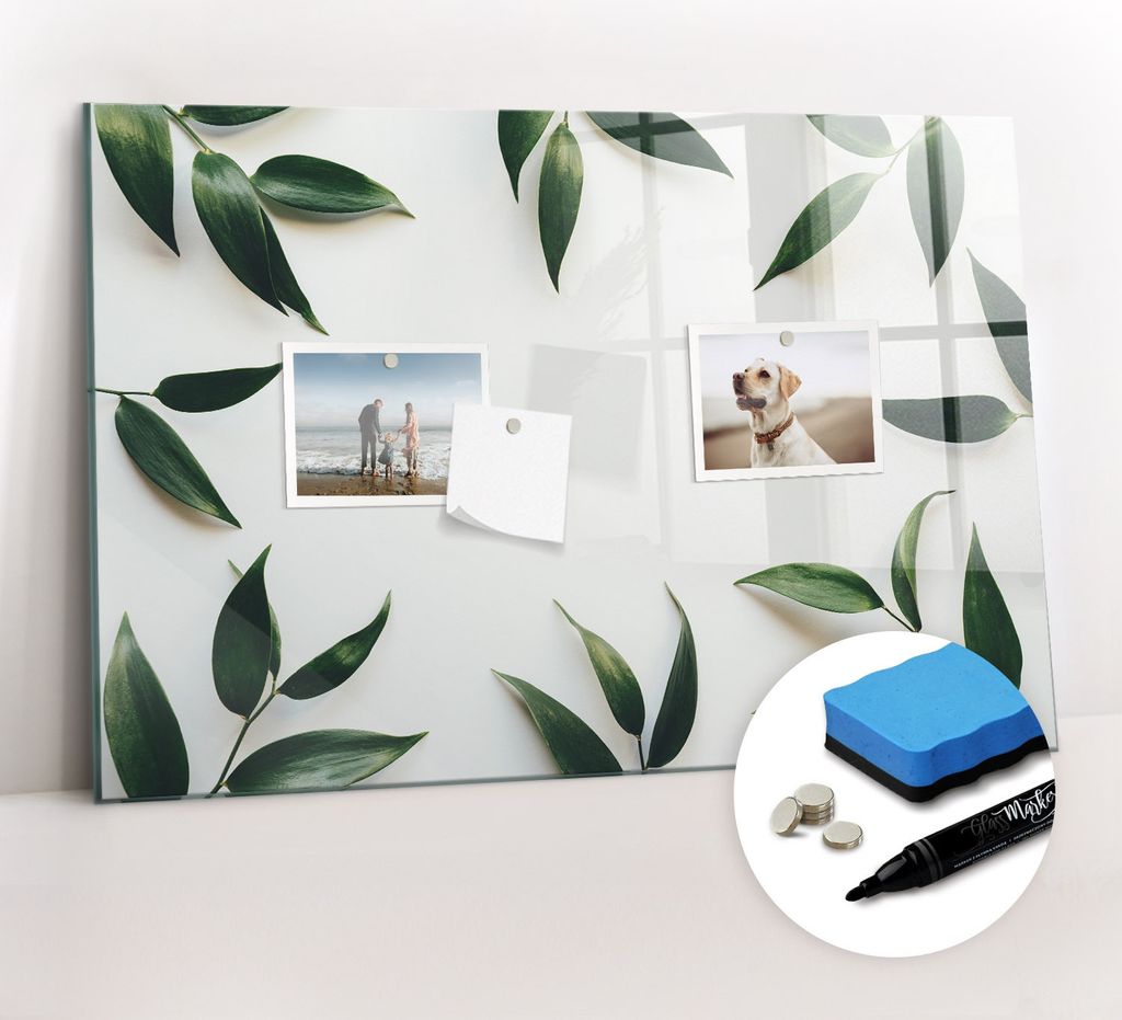Magnetpinnwand Memoboard - Zubehörsatz - Schwarzer Marker + Schwamm + Magnete - 60 x 40 cm - Rahmen aus Blättern