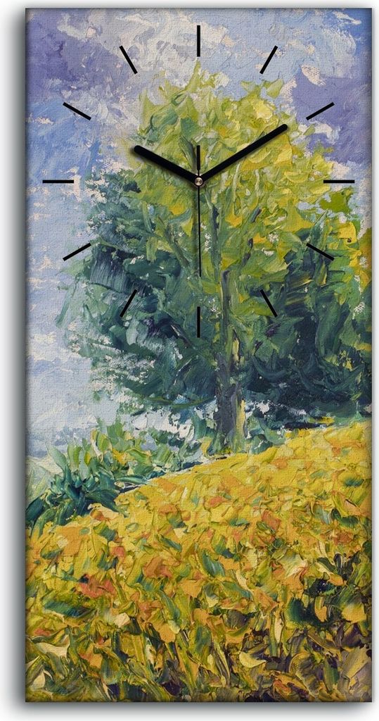 Küchenuhr Bürouhr Leinwand Uhr 30x60 Malerei Hügel Wiese Bäume Himmel Wolken - schwarze Hände
