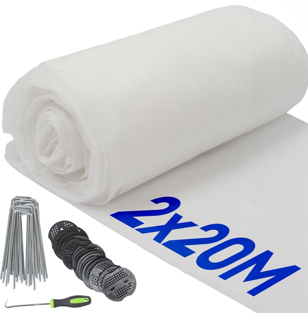 30 g/m² Pflanzenvlies-Frostschutz-Set mit Heringen und Platten – 2 m x 20 m (2 Rollen)