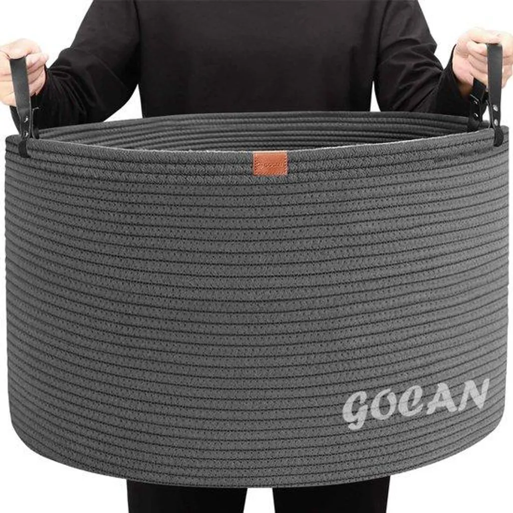 Panier XXL coton gris 55cm robuste avec poignées pour linge et jeux