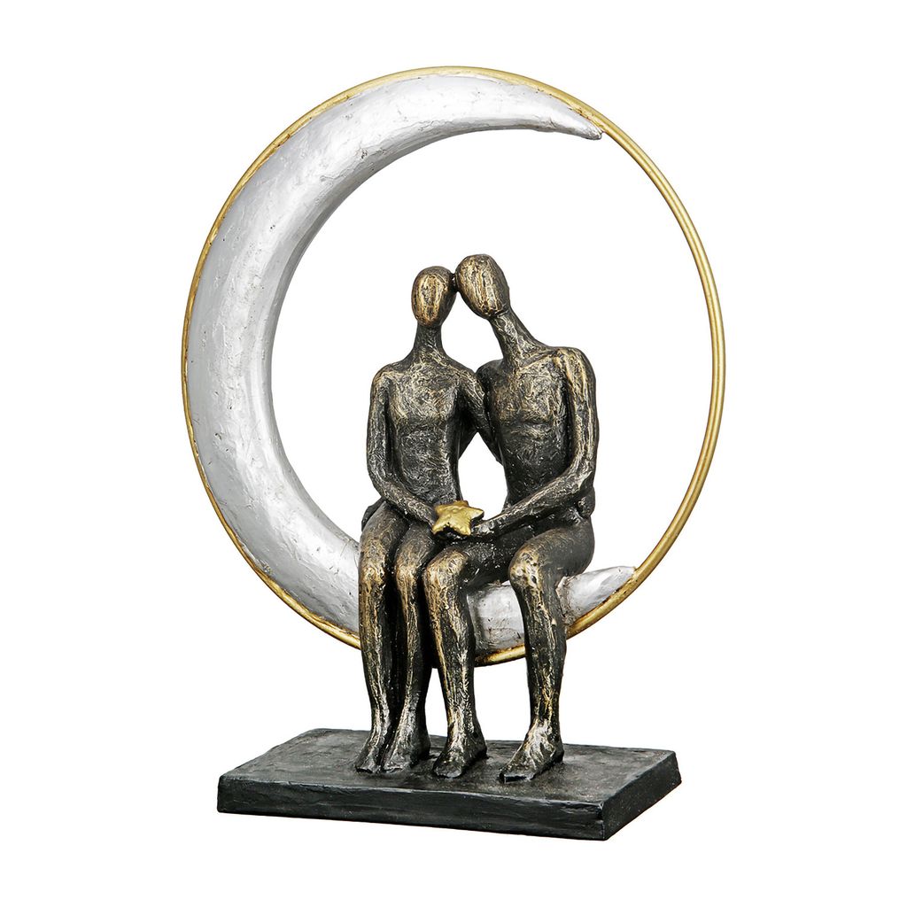 Gilde Skulptur "Moonlight" Pärchen bronzefarben im silber-/goldfarbenem Mond auf schwarzer Base H: 29 cm B: 27 cm T: 9 cm 37609