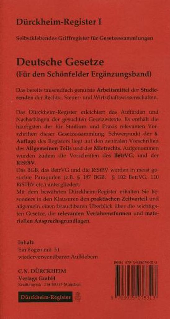 Dürckheim-Register für Deutsche Gesetze (Griffregister für den \Schönfelder Ergänzungsband\"). Selbstklebende und bedruckte Griffregister."