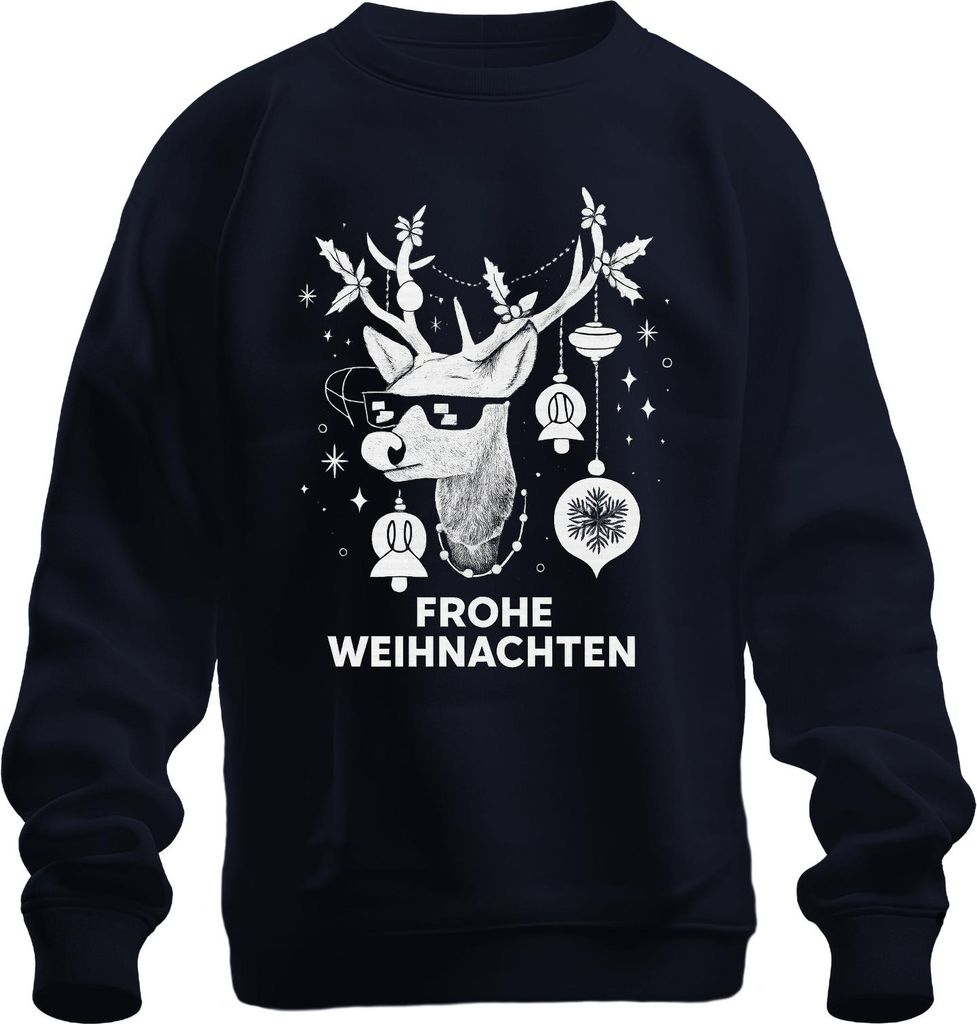 FROHE WEIHNACHTEN Rentier Sonnenbrille Hirsch Weihnachtskugeln Uni Sweatshirt Pullover, Navy, L