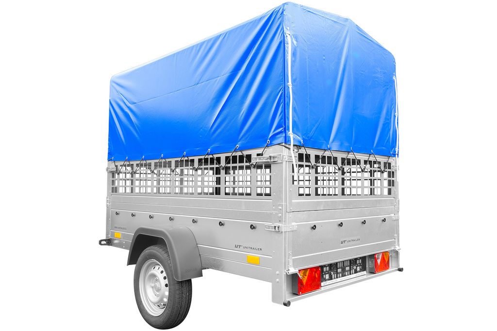 Planen Anhänger 200x125 Garden Trailer 201 KIPP mit Laubgitteraufsatz, blauer Hochplane, Hochspriegel und Stützrad