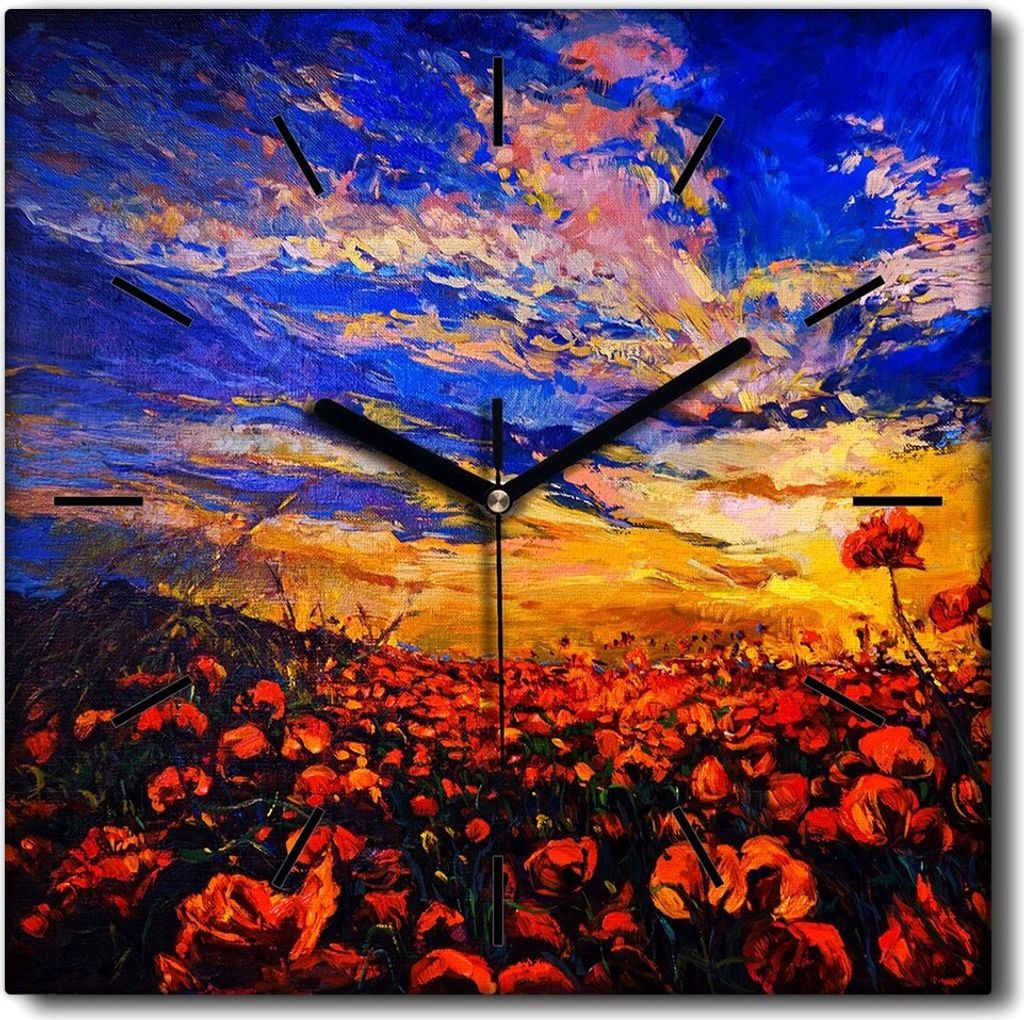 Coloray Uhr auf Leinwand 30x30 cm Wand Uhr Dekoration Wohnzimmer Segeltuch schwarze Hände -Landschaftshimmel Wiese.
