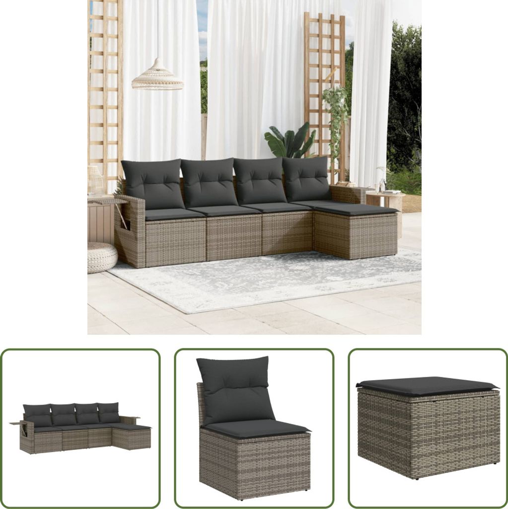 The Living Store 5-tlg. Garten-Sofagarnitur mit Kissen Grau Poly Rattan