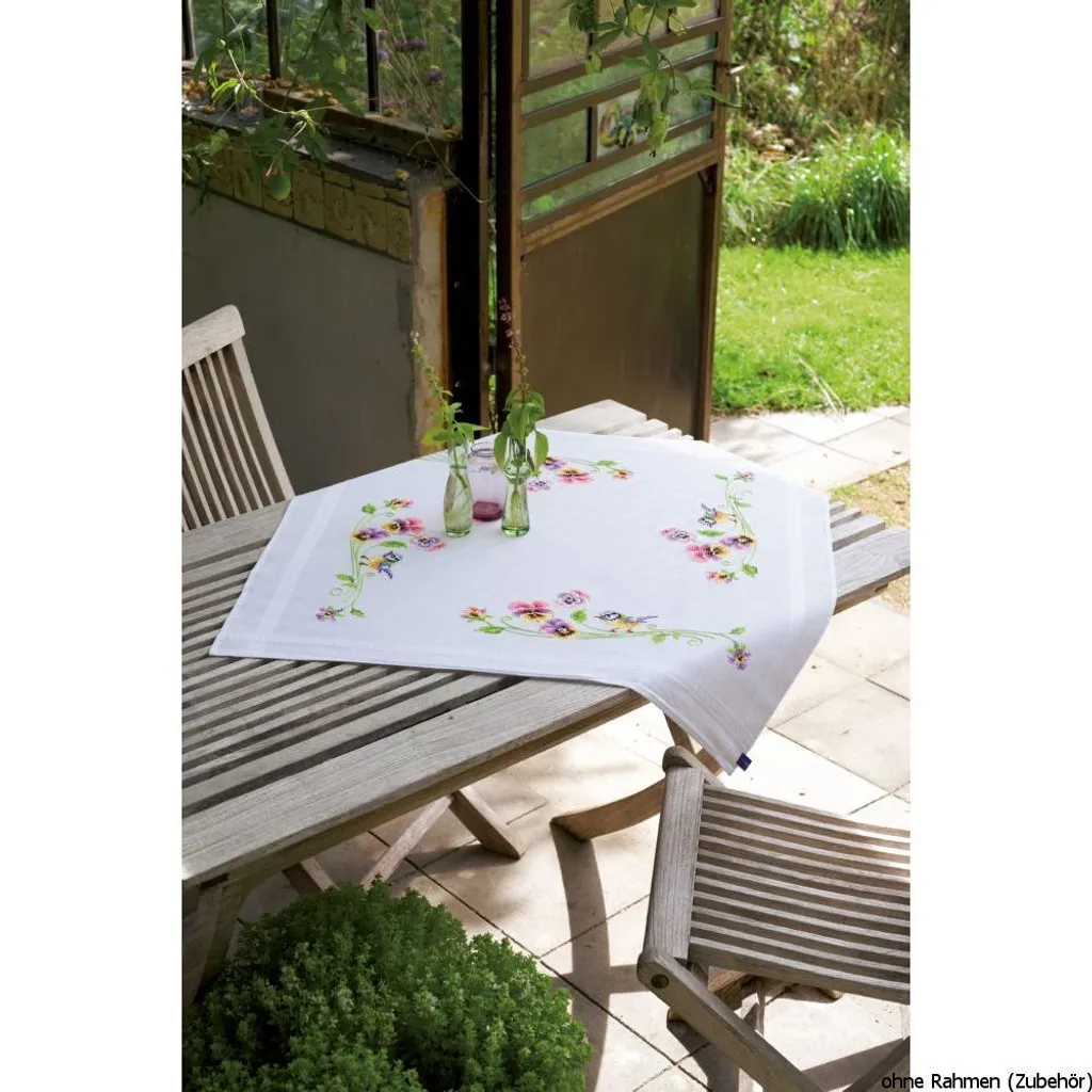 Vervaco Nappe Mésange & Pensée : Kit Broderie avec Dessin Pré-imprimé