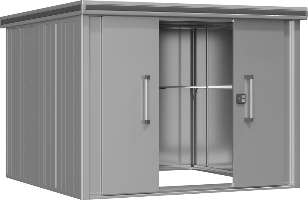 GFP Gerätehaus Metall Gartenhaus 256x256x212 cm Geräteschuppen mit Flachdach inkl. Schiebetür in grau Schuppen wasserdicht