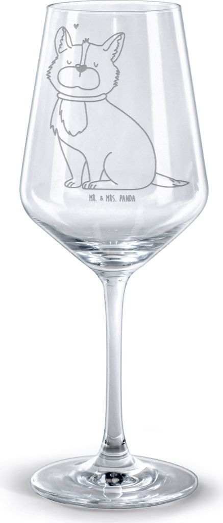 Mr. & Mrs. Panda Rotweinglas mit Gravur Hund Glück - Transparent - Geschenk, Herz, graviertes Weinglas, Liebe, Sprüche, Kelch, Spruch, Corgie, gl...