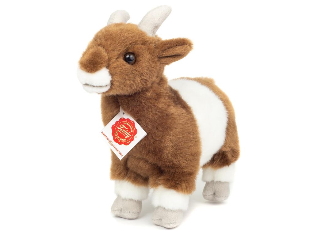 A stuffed toy goat is shown against a white background.