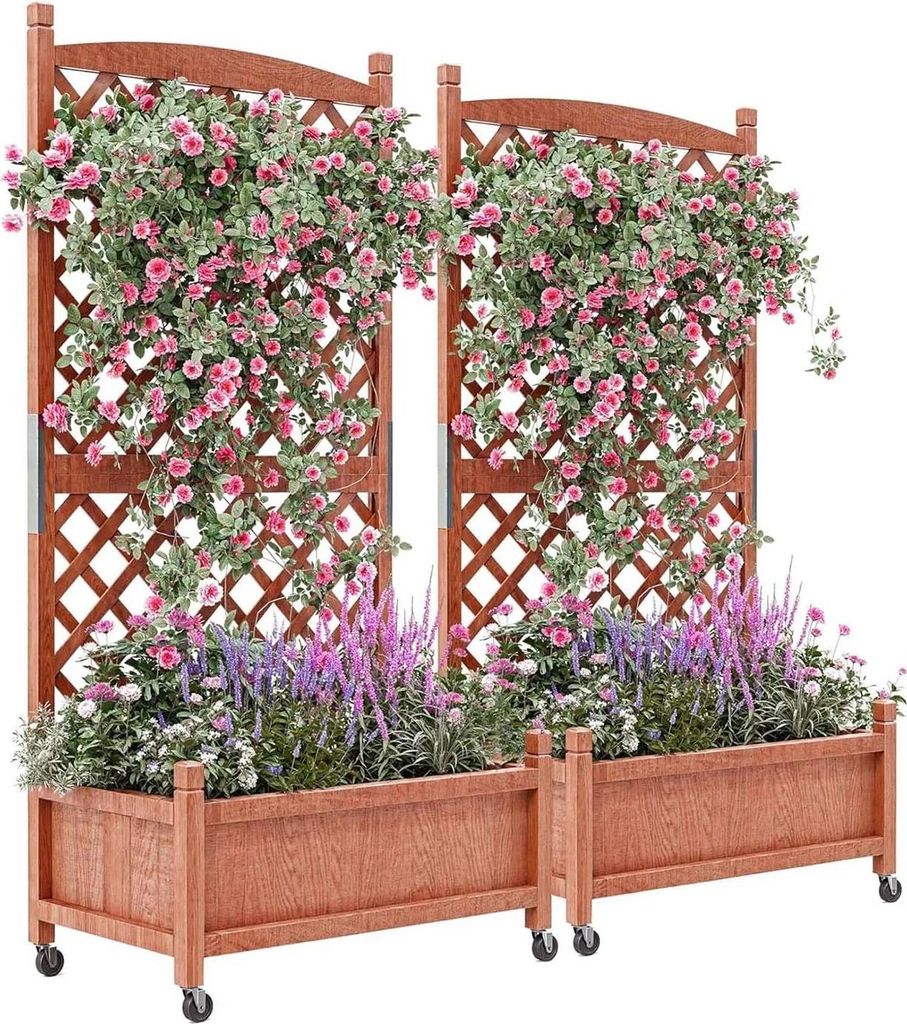 Blumenkasten - Erhöhtes Hochbeet mit Rankgitter - Metall - Drainagelöcher - Feststellrollen - Für Kletterpflanzen - Gold